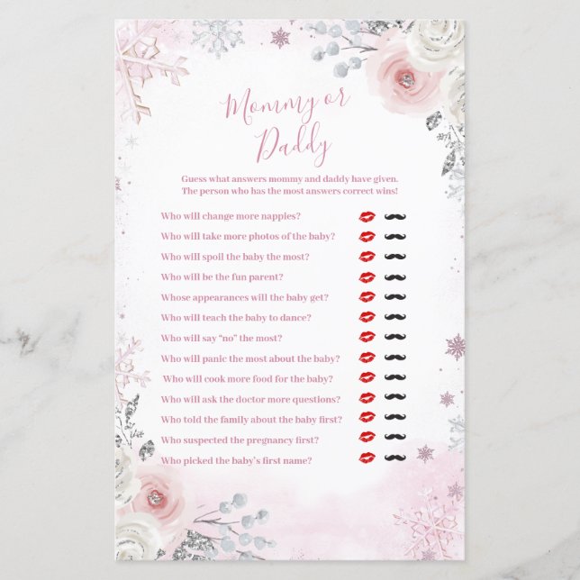 Winter Pastel Pink Snowflake Mommy or Daddy Game (Devant)