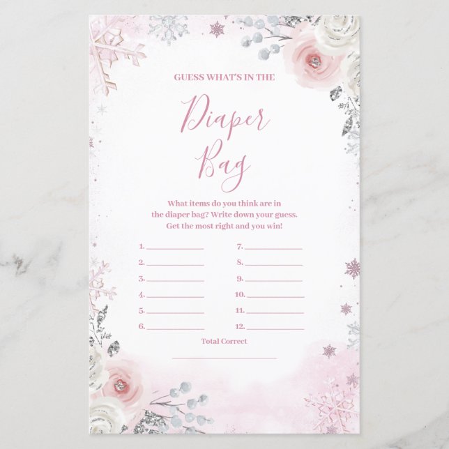 Winter Pastel Pink Snowflake What's in Diaper Bag (Devant)