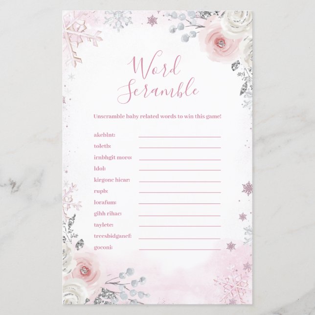 Winter Pastel Pink Snowflake Word Scramble Game (Devant)