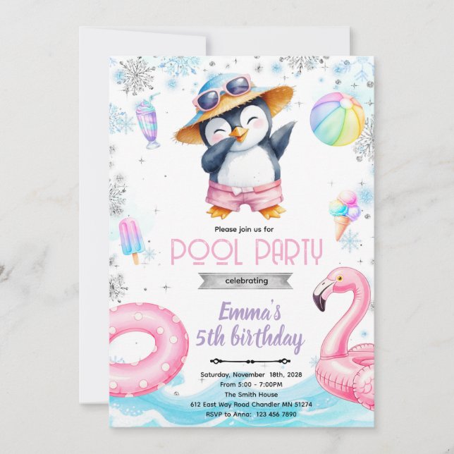 Winter penguin pool theme invitation (Devant)