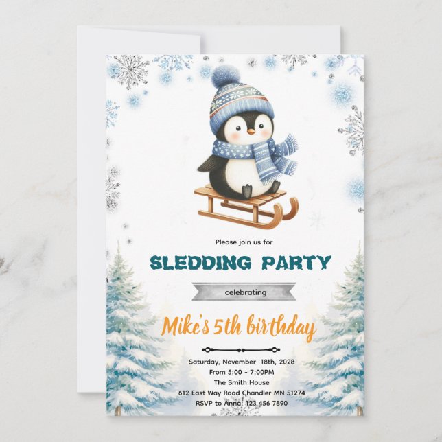 Winter penguin sledding invitation (Devant)