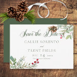 Winter Pine Cone Berries Modern Save the Date Card<br><div class="desc">This design features simple pine boughs with pine cones and red berries in opposite corners. The center is a beautiful soft dark sage green with white text. A perfect choice for a Christmas or winter wedding. Beautiful and elegant, this card is part of the Winter Pine Cone Berries Modern Wedding...</div>