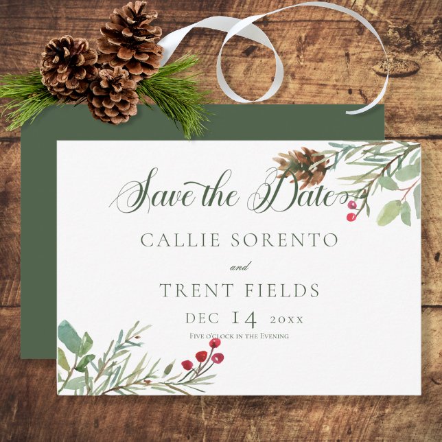 Winter Pine Cone Berries Modern Save the Date Card (Créateur téléchargé)