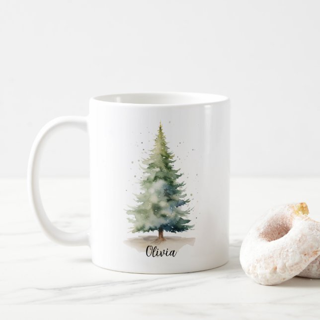 Winter Pine Tree Personalized Christmas Coffee Mug (Avec donut)