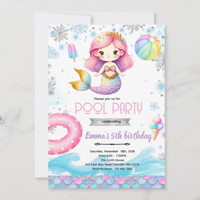 Winter pool mermaid party invitation (Devant)