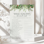 Winter Qui Connaît La Mariée Meilleure Fête des ma<br><div class="desc">Testez votre connaissance du futur marié avec ce jeu de douche nuptiale amusant et interactif "Who Knows the Bride Best". Doté d'une charmante décoration de verdure hivernale avec des branches de pins et des baies, ce jeu invitera les invités à répondre à des questions sur la vie, les préférences et...</div>