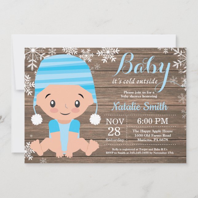 Winter Rustic Blue Boy Baby shower Invitation (Devant)