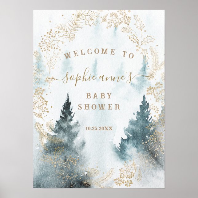 Winter Scenery Gold Baby shower Affiche de bienven (Devant)