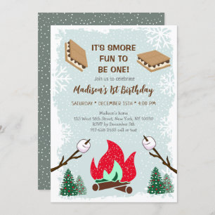 Winter S'mores Campfire First Birthday Invitation