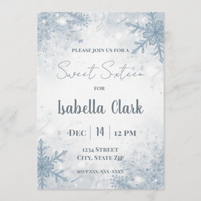 Winter Sweet Sixteen Invitation – Soft Snowflakes (Devant)