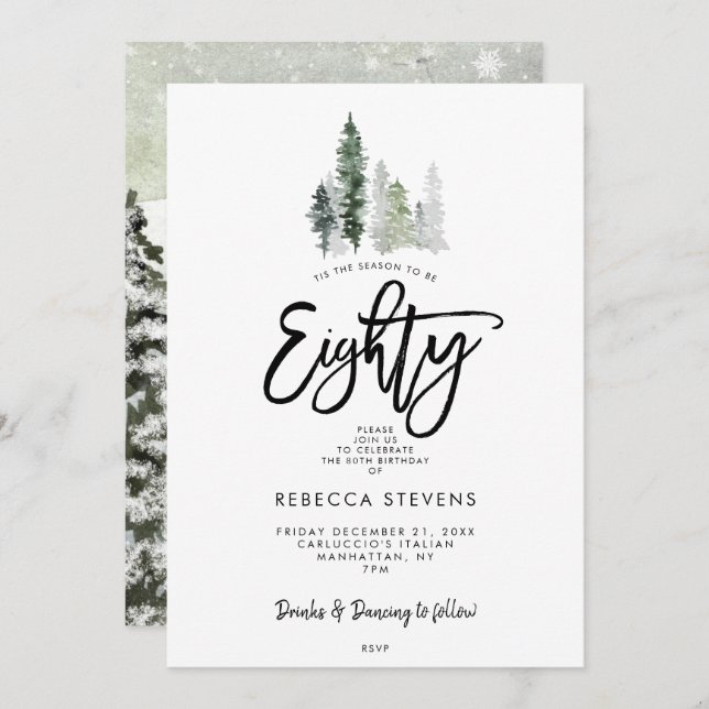 winter trees festive 80th birthday invitation (Devant / Derrière)