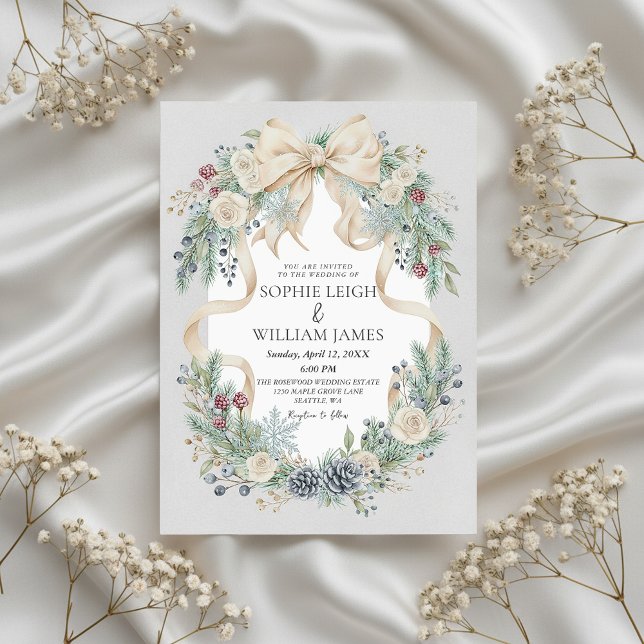 Winter Wedding Invitation with Cream Bow and Flora (elegant winter wedding invitation)