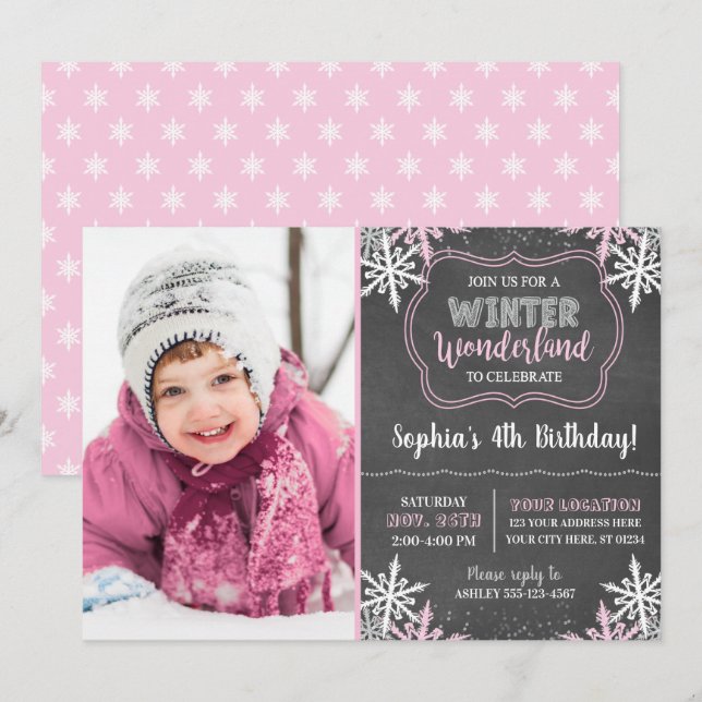 Winter Wonderland Anniversaire Invitation avec pho (Devant / Derrière)