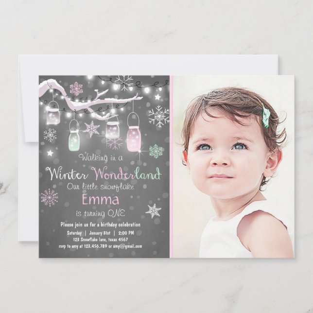 Winter Wonderland anniversaire invitation Mint ros (Devant)