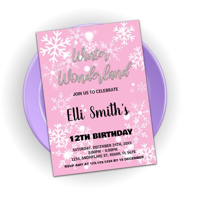 Winter Wonderland Anniversaire Invitations Argent  (Winter Wonderland Birthday Invitations Silver Pink)