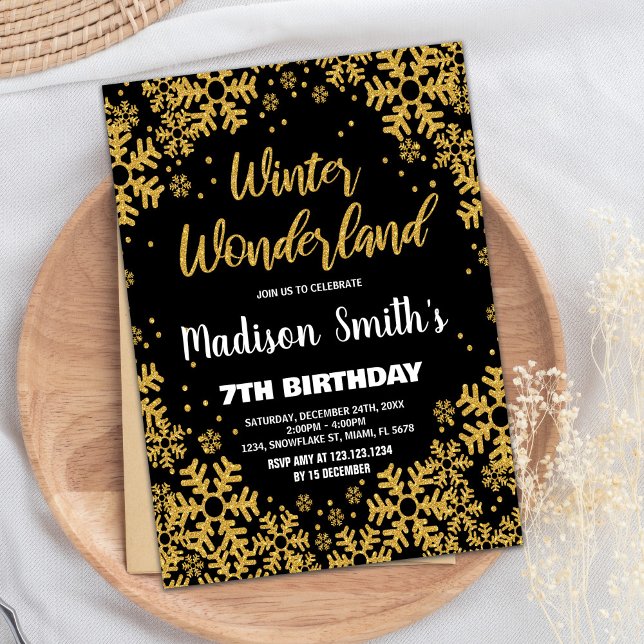 Winter Wonderland Anniversaire Invitations Black G (Winter Wonderland Birthday Invitations Black Gold)
