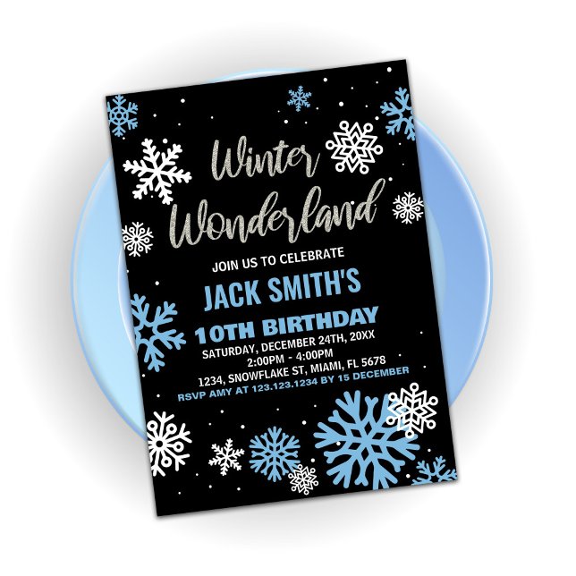 Winter Wonderland Anniversaire Invitations Bleu No (Winter Wonderland Birthday Invitations Blue Black)