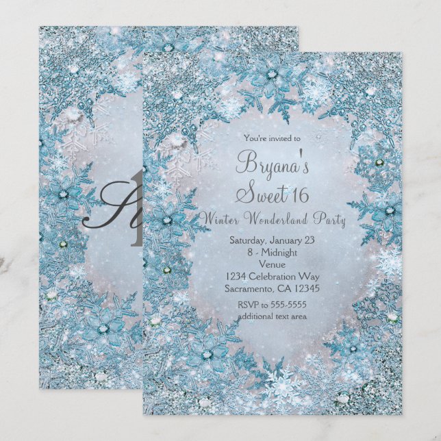 Winter Wonderland Blue Snowflakes Invitation (Devant / Derrière)