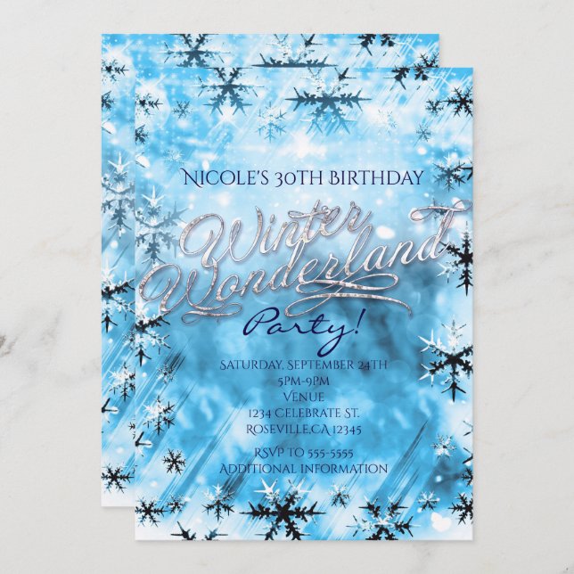 Winter Wonderland Blue Snowflakes Party Invitation (Devant / Derrière)
