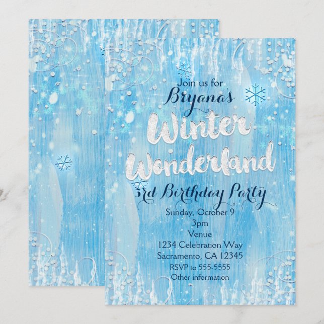 Winter Wonderland Frozen Ice Blue Party Invitation (Devant / Derrière)