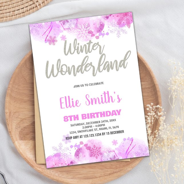 Winter Wonderland Invitations Pink Silver Snow (Winter Wonderland Invitations Pink Silver Snow)