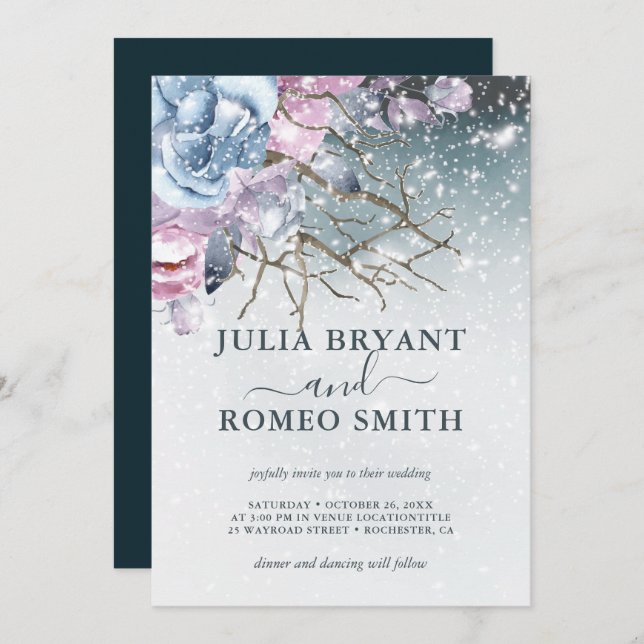 Winter Wonderland Mariage Floral neige Invitation (Devant / Derrière)