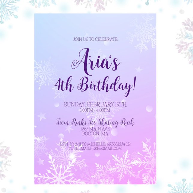 Winter Wonderland Snowflake Invitation Anniversair (Blue & Purple Winter Wonderland Birthday Party Invitation )
