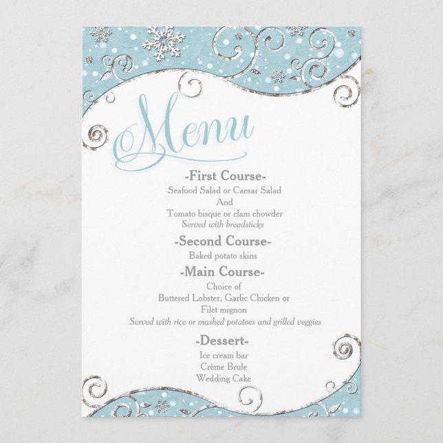 Winter Wonderland Snowflakes Swirl Menu Mariage (Devant)