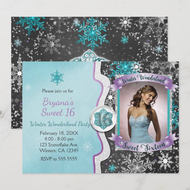 Winter Wonderland Sweet 16 Party Photo Invitations (Devant / Derrière)