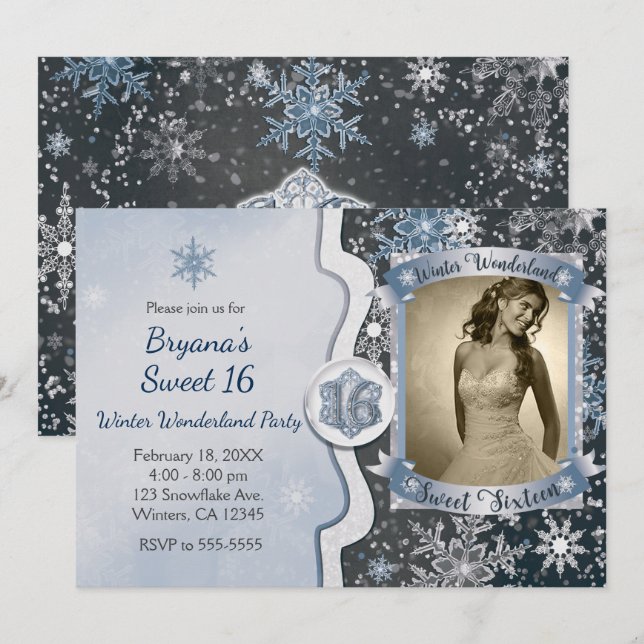 Winter Wonderland Sweet 16 Party Photo Invitations (Devant / Derrière)