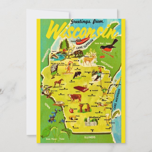 Wisconsin 5x7 Map Vintage Postcard (Devant)