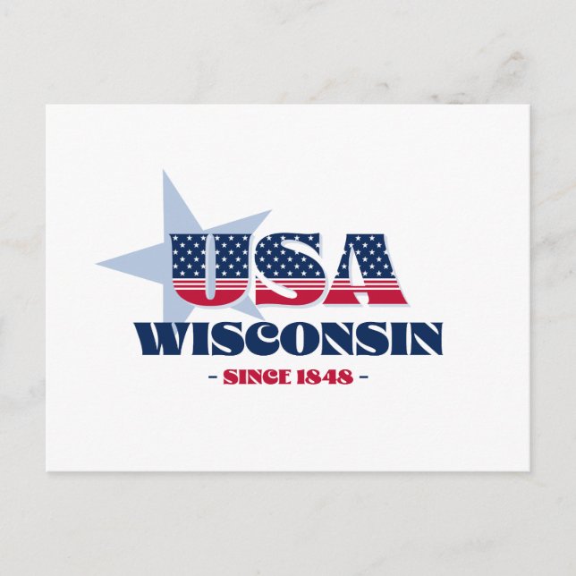 Wisconsin en carte postale rouge, blanche et bleue (Devant)