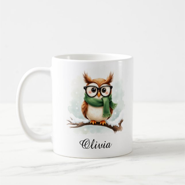Wise Owl in Glasses & Scarf Custom Name Mug (Gauche)