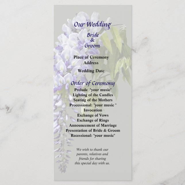 Wisteria et programme de mariage Feuille (Devant)