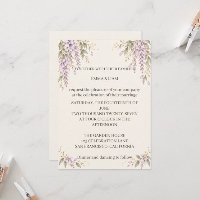 Wisteria Wedding Invitation (Devant/Arrière en situation)