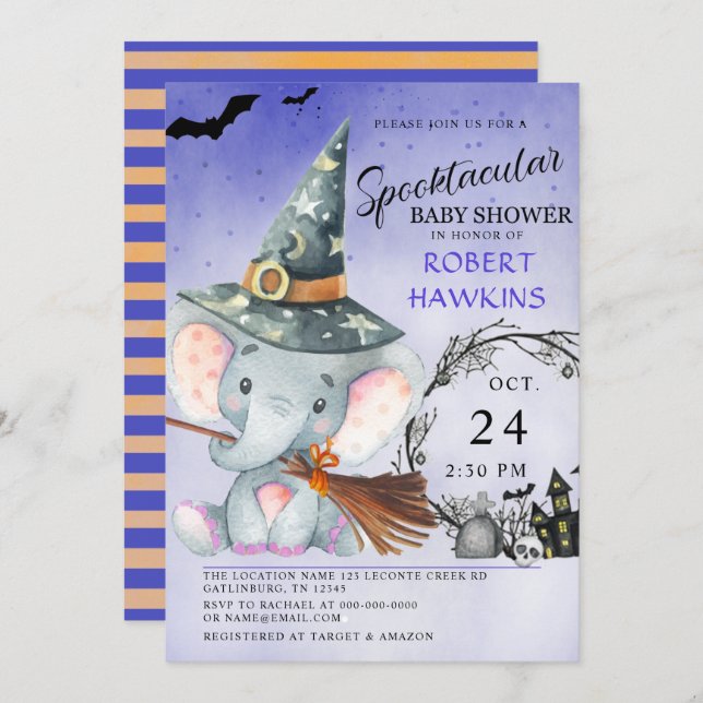 Witch Elephant Halloween Baby shower Invitation (Devant / Derrière)