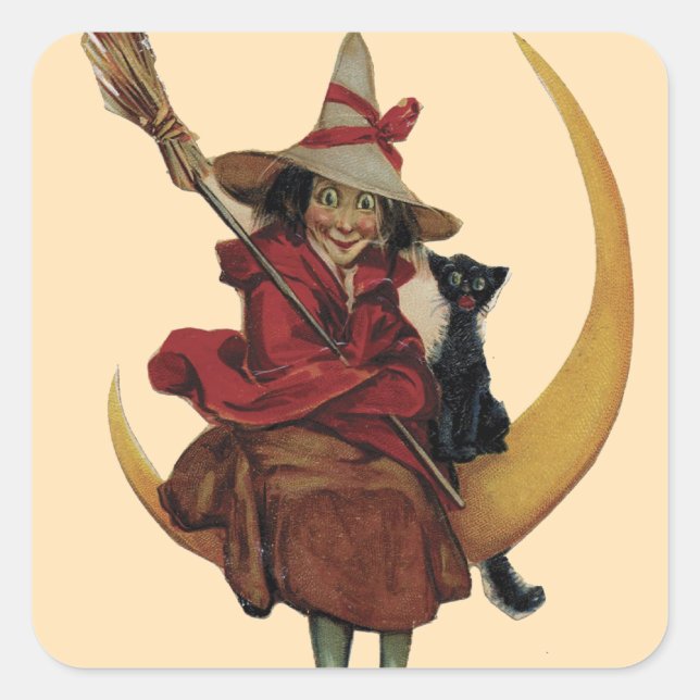 Witch with Her Cat on the Moon - Halloween Sticker (Devant)
