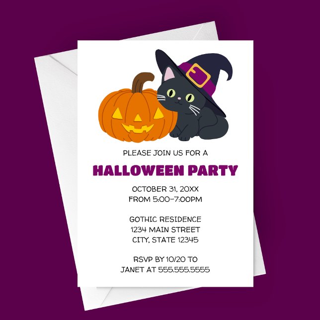Witchy Chat Halloween Party Invitation (Cute Cartoon Cat in Witch's Hat and Jack-o-lantern Halloween Party Invitation)