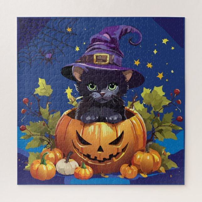 Witchy Kitty en Carré Citrouille Jigsaw Puzzle (Vertical)