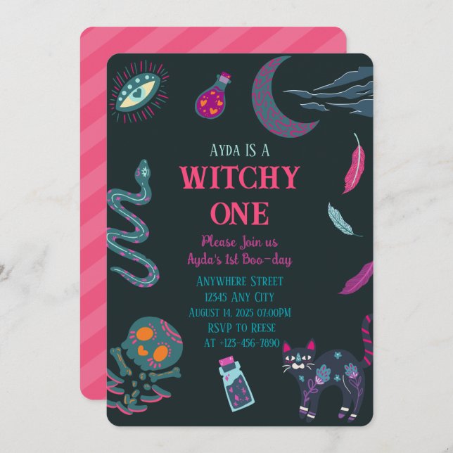 Witchy Un 1er anniversaire halloween Invitation (Devant / Derrière)