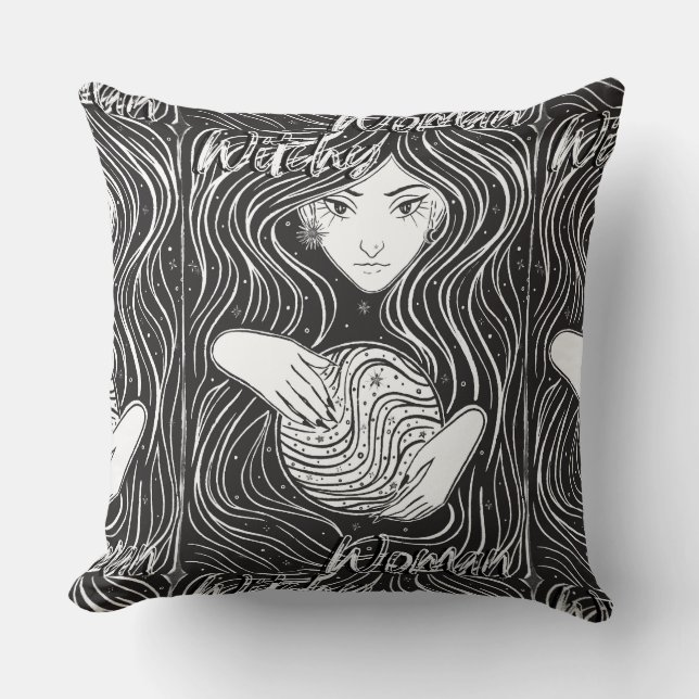 Witchy Woman Oreiller Artistique noir et blanc (Recto)