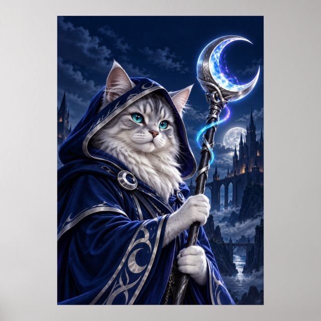 Wizard Cat Moon Magic Fantasy Art Poster (Devant)