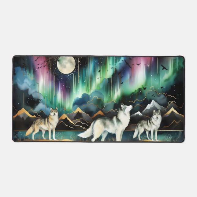 Wolf Aurora Borealis Desk Mat Northern Lights (Recto)