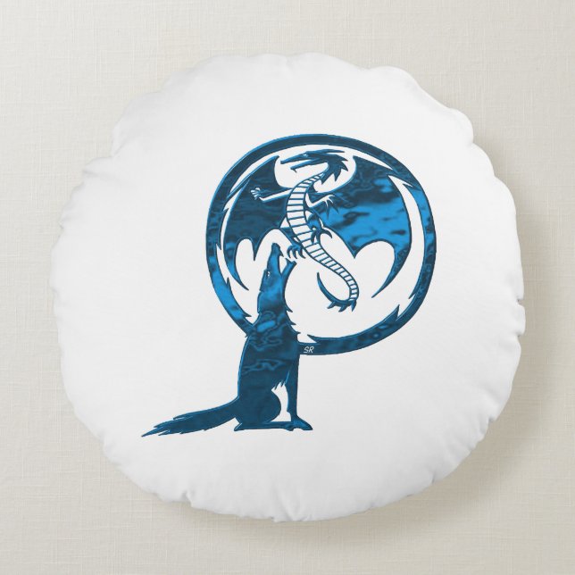 Wolf & Dragon Bleu coussin en coton rond (Devant)