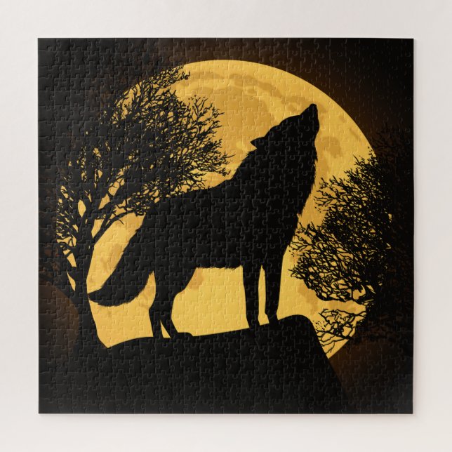 Wolf et Lune Puzzle noir et jaune (Vertical)