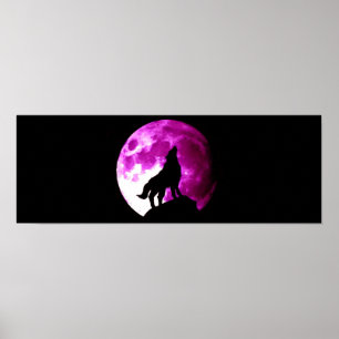 Wolf Howing at Moon Panoramic Poster Print
