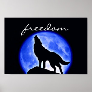 Wolf Howling Freedom Pleine lune bleue Poster de n