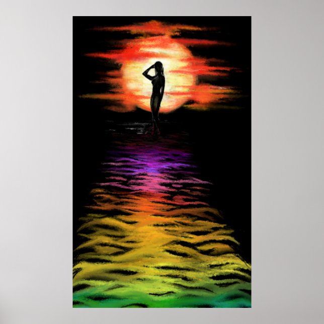 Woman in the Sea Sunset Poster - Painting Art (Devant)