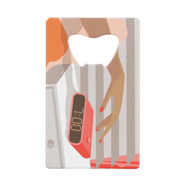 Womans hand pushing on alarm clock snooze button (Devant)