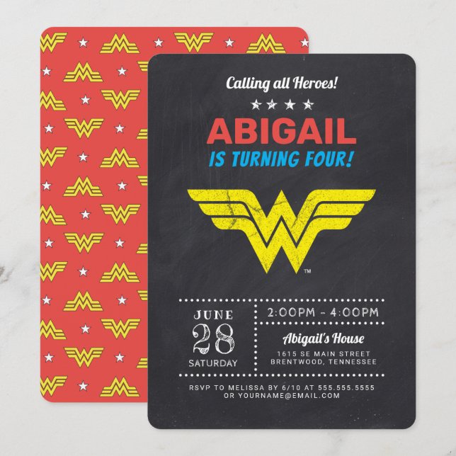 Wonder Woman Chalkboard Girls Birthday Invitation (Devant / Derrière)